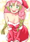  1girl absurdres alternate_costume bare_shoulders blush braid breasts bubble_background christmas cleavage collarbone cowboy_shot dress eyebrows_visible_through_hair fur-trimmed_dress fur_trim gloves green_eyes green_hair hat highres kanroji_mitsuri kimetsu_no_yaiba kwrrrrrr leaning_forward long_hair looking_at_viewer medium_breasts mole mole_under_eye multicolored_hair off-shoulder_dress off_shoulder open_mouth pink_hair pom_pom_(clothes) red_gloves santa_costume santa_dress santa_hat smile solo two-tone_hair 