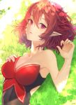  1girl bangs bare_shoulders breasts cleavage dappled_sunlight day dutch_angle elf grass hair_between_eyes highres leotard leyu looking_at_viewer lucid lying maplestory medium_breasts on_back pointy_ears red_eyes red_hair short_hair solo speedpaint strapless strapless_leotard sunlight 