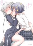  2girls between_legs black_legwear blue_dress blue_hair blue_skirt blush closed_eyes double-breasted dress fingering flower from_side hair_between_eyes hair_flower hair_ornament hand_between_legs heart highres kiss kneehighs konno_junko mizuno_ai multiple_girls neck_kiss plaid plaid_skirt pleated_skirt shirt short_hair short_hair_with_long_locks silver_hair simple_background sitting sitting_on_person skirt sleeves_rolled_up spoken_heart studiozombie wavy_mouth white_background white_shirt yuri zombie_land_saga 