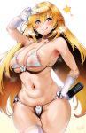  1girl :q absurdres areola_slip areolae armpits bangs bikini blonde_hair blush breasts cameltoe cleavage controller covered_nipples drooling excessive_pubic_hair gloves hair_between_eyes hand_on_hip hero_neisan highres huge_filesize long_hair looking_at_viewer micro_bikini navel pubic_hair pussy_juice remote_control shokuhou_misaki simple_background smile solo star star-shaped_pupils sweat swimsuit symbol-shaped_pupils thighhighs to_aru_kagaku_no_railgun to_aru_majutsu_no_index tongue tongue_out very_long_hair w white_background white_bikini white_gloves 