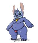  2020 4_fingers alien anthro blue_body blue_eyes blue_fur blue_nose chest_tuft claws clothing collar colored_sketch disney experiment_(lilo_and_stitch) fingers fur head_tuft lilo_and_stitch male navel nipples notched_ear obese overweight overweight_male red_collar simple_background smile solo stitch_(lilo_and_stitch) thick_thighs thong trashdrawy tuft underwear 