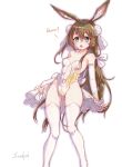  1girl amiya_(arknights) animal_ears arknights arm_warmers artist_name bare_shoulders blue_eyes breasts brown_hair bunny_ears bunny_girl center_opening commentary_request feet_out_of_frame hair_between_eyes hair_ornament leotard long_hair looking_at_viewer medium_breasts navel open_mouth ribbon scaleph simple_background solo standing thighhighs thighs very_long_hair white_background white_legwear white_leotard white_ribbon 