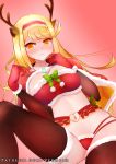  1girl alternate_costume animal_costume bangs blonde_hair blush breasts cape christmas elbow_gloves gem gloves glowing gradient gradient_background hair_ornament headpiece hikari_(xenoblade_2) jewelry large_breasts legs long_hair looking_at_viewer navel nervous reindeer_costume shy swept_bangs thighhighs thighs tiara vekneim very_long_hair watermark web_address xenoblade_(series) xenoblade_2 yellow_eyes 