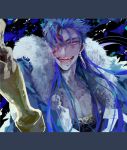  1boy blood blood_on_face blue_hair blue_theme cu_chulainn_(fate)_(all) cu_chulainn_(fate/grand_order) earrings fangs fate/grand_order fate_(series) fur_trim jewelry letterboxed male_focus red_eyes solo staff tatsuta_age 