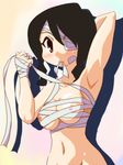  armpits bandage_over_one_eye bandages black_hair borubikku braid breasts brown_eyes kobushi_abiru large_breasts mouth_hold naked_bandage navel nipples nude out-of-frame_censoring sarashi sayonara_zetsubou_sensei solo twin_braids 