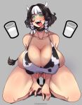  1girl animal_costume animal_ears animal_print artist_name artist_request azuma_yuki bangs bikini black_hair blush breasts collar cow_costume cow_ears cow_girl cow_horns cow_print cow_tail highres horns huge_breasts looking_at_viewer multicolored_hair naughty_face open_mouth original short_hair simple_background skindentation smile solo swimsuit tail tongue tongue_out two-tone_hair white_hair 