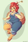  2019 amber_eyes anthro avian beak bird chicken claws clothing eyelashes feathers female freckles galliform gallus_(genus) hair hi_res javanshir looking_at_viewer overalls phasianid red_hair scales slightly_chubby smile solo thick_thighs wide_hips yellow_body yellow_feathers 