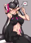  +_+ 1girl :q aori_(splatoon) arm_behind_head arm_up armpits belt black_belt black_choker black_hair black_legwear black_panties black_shirt blush choker closed_mouth commentary crop_top domino_mask earrings eyewear_removed food food_on_head grey_background guchi_(tako_undead) half-closed_eyes head_tilt heart highleg highleg_panties highres holding holding_eyewear jewelry leg_up licking_lips long_hair looking_at_viewer mask mole mole_under_eye navel object_on_head panties pantyhose shirt simple_background sitting sleeveless sleeveless_shirt smile solo spiked_belt spiked_choker spikes splatoon_(series) splatoon_2 spoken_heart stomach_tattoo sunglasses sweat tako-san_wiener tattoo tentacle_hair tongue tongue_out underwear very_long_hair yellow_eyes 