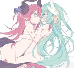  2girls bikini blade_(galaxist) blue_eyes bra breast_press breasts elizabeth_bathory_(fate) elizabeth_bathory_(fate)_(all) eye_contact fate/grand_order fate_(series) green_eyes hair_between_eyes horns kiyohime_(fate/grand_order) long_hair looking_at_another multiple_girls navel panties pink_hair pointy_ears profile simple_background small_breasts strap_slip swimsuit symmetrical_docking tail two_side_up underwear underwear_only very_long_hair white_background white_bikini yellow_bra yellow_panties yuri 