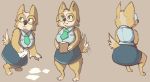  2020 anthro barefoot black_nose bottomwear breasts business_suit canid canine canis clothing digitigrade domestic_dog eyewear female fur glasses green_eyes herding_dog hi_res mammal pastoral_dog rear_view sharkrags skirt smile solo standing suit tailwag tan_body tan_fur welsh_corgi 