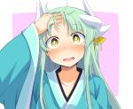  1girl bangs blue_kimono blush brown_eyes chata_maru_(irori_sabou) collarbone commentary_request eyebrows_visible_through_hair fate/grand_order fate_(series) highres horns japanese_clothes kimono kiyohime_(fate/grand_order) long_hair long_sleeves looking_at_viewer open_mouth pink_background simple_background solo two-tone_background white_background wide_sleeves 