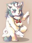  2020 agyou anthro asian_mythology belly cub east_asian_mythology foo_dog fur hijirinoyuta humanoid_hands japanese_mythology kemono komainu mammal mythology overweight simple_background solo tokyo_afterschool_summoners video_games white_body white_fur young yōkai 