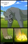  blue_sky clenched_teeth comic dialogue disney english_text eye_scar eyes_closed fan_character felid female feral hi_res kooskia_(artist) lion luca mammal open_mouth outside pantherine paws scar sky solo standing teeth text the_lion_king 
