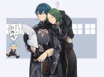  3boys armor bangs blue_hair book byleth_(fire_emblem) byleth_(fire_emblem)_(male) cape caspar_von_bergliez closed_mouth fire_emblem fire_emblem:_three_houses garreg_mach_monastery_uniform green_hair highres holding holding_book itaseyo leaning_on_person linhardt_von_hevring long_hair low_ponytail male_focus multiple_boys paper parted_bangs running sleeping sleeping_on_person sleeves_rolled_up smile uniform 