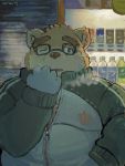  2020 absurd_res anthro brown_body brown_fur buta5kawa clothing detailed_background eyewear fur glasses gloves handwear hi_res humanoid_hands kemono male mammal outside overweight overweight_male solo sweater tokyo_afterschool_summoners topwear ursid video_games volos 