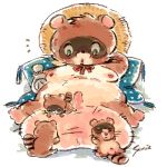  1:1 2011 anthro balls belly big_balls brown_body brown_fur canid canine cub erection fur genitals group kemono low_res male mammal moobs nipples overweight overweight_male penis raccoon_dog sitting sunie tanuki young 
