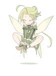  1boy ahoge blade_(galaxist) blush boots closed_eyes commentary commentary_request fairy fairy_wings full_body grin light_green_hair male_focus midair pict_pluff pop-up_story shadow simple_background sitting smile solo sparkle st._feles_gakuen_uniform white_background wings 