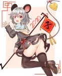 1girl 2020 :3 absurdres animal_ears ass backless_outfit black_legwear blush brown_footwear bushi_(1622035441) capelet cheese dowsing_rod food grey_skirt highres long_sleeves looking_at_viewer looking_back medium_hair miniskirt mouse_ears mouse_tail nazrin no_panties open_mouth red_eyes shoes silver_hair skirt smile solo tail thighhighs touhou two-tone_background 