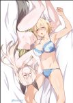  2girls animal_ear_fluff animal_ears armpits blonde_hair blue_bra blue_panties blush bra breasts cleavage closed_eyes closed_mouth eila_ilmatar_juutilainen fox_ears fox_tail green_bra green_panties highres large_breasts lying multiple_girls navel nikka_edvardine_katajainen on_back on_bed on_side open_mouth panties short_hair silver_hair smile strike_witches tail tilt-shift underwear weasel_ears weasel_tail world_witches_series yuri 