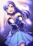  1girl :d bangs blue_gloves blue_hair blue_skirt blush breasts brown_eyes choker cleavage cowboy_shot earrings floating_hair gloves hair_ornament hairpin idolmaster idolmaster_(classic) jewelry kisaragi_chihaya lens_flare long_hair looking_at_viewer medium_skirt nanase_(7749222) open_mouth outstretched_arms print_skirt shiny shiny_hair skirt sleeveless small_breasts smile solo standing strapless very_long_hair 