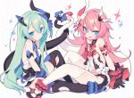  2girls :d asymmetrical_horns bangs bare_shoulders black_dress black_gloves black_legwear blade_(galaxist) blue_eyes blush bow breasts closed_mouth dress eyebrows_visible_through_hair fang flower garter_straps gloves green_hair hair_between_eyes hair_ornament honkai_(series) honkai_impact_3rd intertwined_tails liliya_olenyeva long_hair looking_at_viewer mechanical_horns mechanical_tail mismatched_gloves multiple_girls open_clothes open_dress open_mouth pink_hair polka_dot polka_dot_background red_bow red_flower red_rose rose rozaliya_olenyeva short_eyebrows siblings small_breasts smile sparkle symbol-shaped_pupils tail thick_eyebrows thighhighs twins very_long_hair white_background white_legwear 