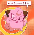 2013 abstract_background clefairy digital_media_(artwork) directional_arrow eyewear frown glasses_only hand_on_hip hi_res looking_aside misspiika nintendo open_frown open_mouth outline pink_body pok&eacute;mon pok&eacute;mon_(species) pok&eacute;mon_stadium raised_finger solo speech_bubble video_games 