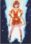  1girl absurdres adapted_costume belt brown_eyes brown_hair cape contrapposto cosplay dc_comics detached_collar full_body gauntlets hands_on_hips highres looking_at_viewer misaka_mikoto orange_shirt orange_skirt parted_lips raika9 scan shazam shazam_(cosplay) shazam_(movie) shirt short_hair skirt smile solo superhero to_aru_kagaku_no_railgun to_aru_majutsu_no_index white_cape 