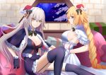  2girls absurdres bed_sheet black_capelet black_gloves black_legwear black_skirt blonde_hair blue_eyes bow box braided_ponytail breasts bustier capelet cleavage closed_mouth fate/apocrypha fate/grand_order fate_(series) fur-trimmed_capelet fur-trimmed_gloves fur-trimmed_hat fur-trimmed_skirt fur_trim garter_straps gift gift_box gloves hair_bow hat highres jeanne_d&#039;arc_(alter)_(fate) jeanne_d&#039;arc_(fate) jeanne_d&#039;arc_(fate)_(all) large_breasts long_hair looking_at_viewer luxia2727 mini_hat miniskirt multiple_girls parted_lips pencil_skirt ponytail red_headwear santa_hat sideboob silver_hair sitting skirt smile striped striped_bow thighhighs very_long_hair white_capelet white_gloves white_skirt yellow_eyes zettai_ryouiki 