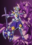  absurd_res android axe battle_axe bottomwear breasts brown_eyes clothing digital_media_(artwork) female green_sclera gundam hair hi_res holding_axe large_axe machine maid_uniform melee_weapon new_testament_sd_gundam_gaiden not_furry purple_hair robot servant_knight_woundwort skirt solo uniform weapon yuuyatails 