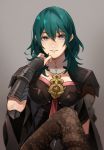  1girl armor black_cape blue_eyes blue_hair byleth_(fire_emblem) byleth_(fire_emblem)_(female) cape doku_gin1126 fire_emblem fire_emblem:_three_houses grey_background medium_hair pantyhose parted_lips simple_background solo 