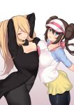  2girls alternate_breast_size aster_crowley black_clothes blonde_hair blue_eyes breast_press breasts brown_hair cleavage double_bun frilled_shorts frills grey_eyes hair_over_one_eye highres large_breasts legwear_under_shorts mei_(pokemon) multiple_girls pantyhose pokemon pokemon_(game) pokemon_bw2 pokemon_dppt pokemon_masters shirona_(pokemon) shorts simple_background smile symmetrical_docking twintails visor_cap white_background yellow_shorts 