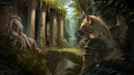  16:9 2020 ambiguous_gender anthro clothed clothing day detailed_background digital_media_(artwork) forest fur grass hi_res hyaenid jungle mammal moss outside rhyu solo spotted_hyena tan_body tan_fur tree 