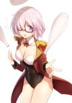  1girl bison_cangshu black_leotard blush breasts cleavage coat cowboy_shot epaulettes fate/grand_order fate_(series) flying_sweatdrops frown glasses hair_over_one_eye juggling juggling_club lavender_hair leotard long_sleeves mash_kyrielight medium_breasts open_mouth purple_eyes semi-rimless_eyewear short_hair sweat under-rim_eyewear 