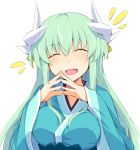  1girl bangs blush breasts chata_maru_(irori_sabou) closed_eyes dragon_horns eyebrows_visible_through_hair fate/grand_order fate_(series) green_hair highres horns japanese_clothes kimono kiyohime_(fate/grand_order) large_breasts long_hair long_sleeves simple_background smile solo white_background wide_sleeves 