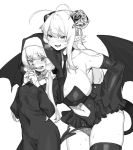  2girls ahoge armpit_crease blush braid breasts breath collarbone covered_navel covered_nipples cross demon_girl demon_tail demon_wings eyebrows_visible_through_hair fang greyscale hair_between_eyes hair_ribbon hatching_(texture) holding holding_cross horns jewelry large_breasts long_hair monochrome multiple_girls navel navel_cutout necklace necktie nun open_mouth original pointy_ears ribbon small_breasts smile standing succubus sweat tail teeth thighhighs tongue torn_wings twintails w_nijuuyon wings 