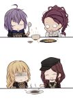  4girls bernadetta_von_varley black_headwear blonde_hair brown_hair censored censored_food closed_eyes closed_mouth dark_skin dorothea_arnault earrings fire_emblem fire_emblem:_three_houses food garreg_mach_monastery_uniform hat highres holding hood hood_down ingrid_brandl_galatea jewelry ladle long_hair long_sleeves multiple_girls petra_macneary plate ponytail purple_hair ryaralle short_hair simple_background smile uniform white_background 