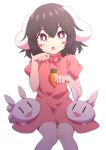  1girl animal_ears arms_up black_hair blush_stickers bright_pupils buck_teeth bunny bunny_ears carrot_necklace chestnut_mouth commentary_request dress eyebrows_visible_through_hair feet_out_of_frame hair_between_eyes head_tilt highres inaba_tewi knees_together paw_pose pink_dress puffy_short_sleeves puffy_sleeves red_eyes short_hair short_sleeves simple_background sitting solo touhou tsukimirin white_background white_pupils |_| 
