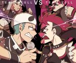  2boys 2girls bandana bandana_over_mouth black_hair black_jacket blue_eyes boombox choker clenched_teeth dark_skin dark_skinned_male english_text eye_contact facepaint horn_(instrument) hypnosis_mic jacket looking_at_another microphone multiple_boys multiple_girls parody pink_eyes pink_hair pokemon short_sleeves ssalbulre tank_top team_skull team_skull_grunt team_skull_uniform team_yell team_yell_grunt teeth tongue tongue_out vs vuvuzela 