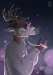  2020 5_fingers anthro antlers brown_body cervid clothed clothing digital_media_(artwork) eyewear fingers fully_clothed fur glasses hair half-body hi_res horn male mammal night open_mouth outside pinkvain simple_background sky smoke smoking snow solo topwear 