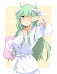  1girl bangs blush breasts chata_maru_(irori_sabou) commentary_request dragon_horns eyebrows_visible_through_hair fate/grand_order fate_(series) green_hair hair_between_eyes highres holding horns jacket kiyohime_(fate/grand_order) large_breasts long_hair looking_at_viewer solo very_long_hair white_jacket yellow_eyes yes-no_pillow 