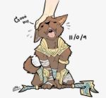  2015 anthro arm_wraps brown_body brown_ears brown_fur brown_tail canid canine canis clothed clothing duo english_text eyes_closed fur head_pat hi_res jackal league_of_legends mammal nasus_(lol) open_mouth riot_games sollyz solo_focus tailwag teeth text uvula video_games wraps 