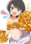  1girl bangs black_hair blue_eyes blush breasts cheerleader collarbone fuji_(n_fuji125) groin hololive looking_at_viewer megaphone midriff miniskirt navel oozora_subaru pleated_skirt pom_poms short_hair simple_background skirt smile solo virtual_youtuber white_background white_skirt 