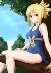  1girl absurdres bangs blonde_hair blue_dress blue_eyes blue_sky breasts cleavage closed_mouth collar collarbone covered_nipples day dr._stone dress eyebrows_visible_through_hair hair_between_eyes highres in_tree kayama_kouji kohaku_(dr._stone) medium_breasts medium_hair outdoors short_dress side_slit sidelocks signature sitting sitting_in_tree sky sleeveless sleeveless_dress smile solo tied_hair tree 