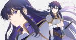  2girls ayra_(fire_emblem) belt black_hair breastplate closed_mouth earrings fire_emblem fire_emblem:_genealogy_of_the_holy_war gloves jewelry kyufe larcei_(fire_emblem) long_hair mother_and_daughter multiple_girls parted_lips purple_eyes scabbard sheath sheathed simple_background sword weapon white_gloves 