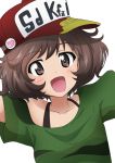  1girl :d akiyama_yukari anglerfish bangs baseball_cap bra_strap brown_eyes brown_hair clothes commentary_request emblem eyebrows_visible_through_hair girls_und_panzer green_shirt hat highres kanau looking_at_viewer messy_hair open_mouth print_hat red_headwear shirt short_hair short_sleeves sideways_hat simple_background smile solo t-shirt upper_body white_background 