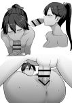  1girl :&gt;= anus ass blush breasts collarbone fellatio highres houshou_(kantai_collection) kantai_collection long_hair lying missionary monochrome nikonikosiro nipples nude on_back open_mouth oral penis ponytail pubic_hair pussy sex small_breasts sweat vaginal 