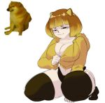  breasts canid canine canis cheems cleavage clothed clothing dogelore domestic_dog female human jacket legwear lidded_eyes mammal reference_image shiba_inu simple_background smile spitz thick_thighs thigh_highs topwear underwear unknown_artist white_background 