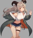  1girl bangs bare_shoulders blue_shorts blush breasts brown_hair closed_mouth commentary_request crop_top curled_horns eyebrows_visible_through_hair fur-trimmed_jacket fur-trimmed_shorts fur_trim green_jacket grey_background horns jacket knees_together_feet_apart long_hair long_sleeves medium_breasts midriff navel off_shoulder open_clothes open_jacket original peroncho red_eyes shirt short_shorts shorts simple_background sleeveless sleeveless_shirt smile solo thigh_gap thigh_strap very_long_hair w white_shirt 