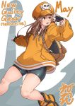  1girl anchor ankle_boots backpack bag bike_shorts black_gloves boots brown_eyes brown_hair commentary_request fingerless_gloves flat_chest gloves guilty_gear guilty_gear_strive hat hood hood_down long_hair may_(guilty_gear) neone orange_headwear orange_hoodie orange_shirt pirate_hat shirt skull_and_crossbones solo 