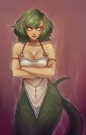  1girl armlet bags_under_eyes belly_chain breasts choker cleavage commentary crossed_arms dark_skin english_commentary glaring green_hair jewelry lamia lips looking_at_viewer medium_breasts monorus monster_girl no_pupils o-ring o-ring_top original pointy_ears scales shindan_maker short_hair solo spaghetti_strap 